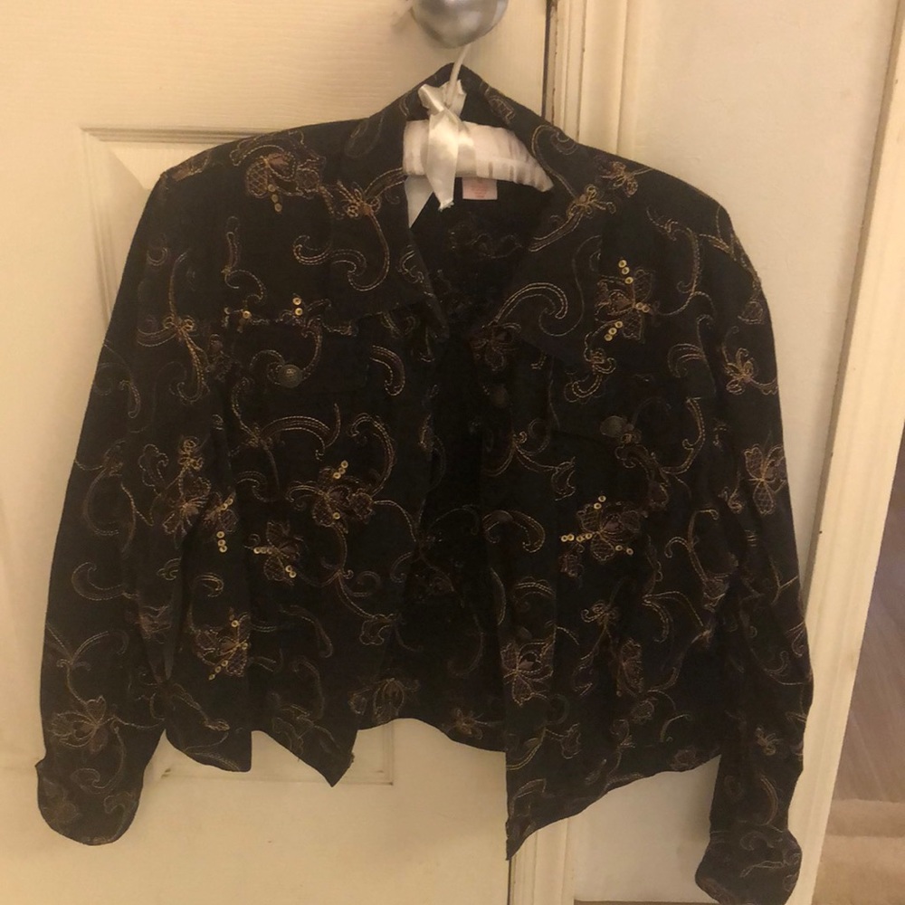 Cotton twill black jacket gold stitching /sequins